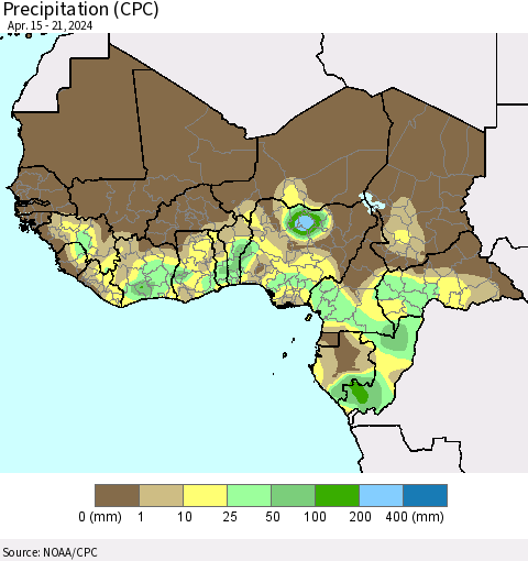 Western Africa Precipitation (CPC) Thematic Map For 4/15/2024 - 4/21/2024