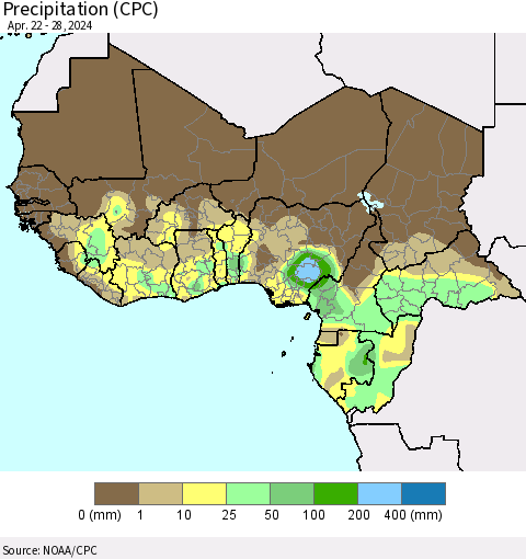 Western Africa Precipitation (CPC) Thematic Map For 4/22/2024 - 4/28/2024