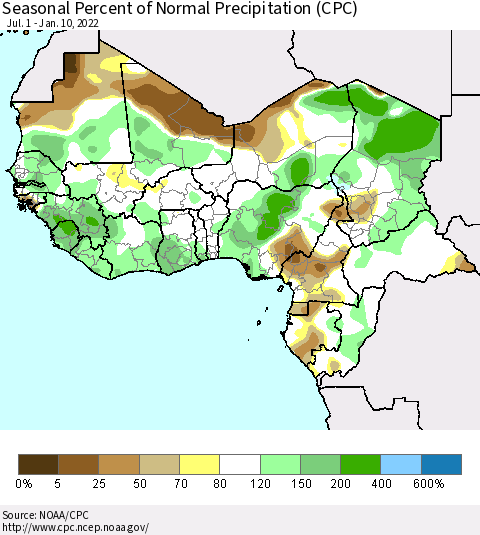 Western Africa Seasonal Percent of Normal Precipitation (CPC) Thematic Map For 7/1/2021 - 1/10/2022