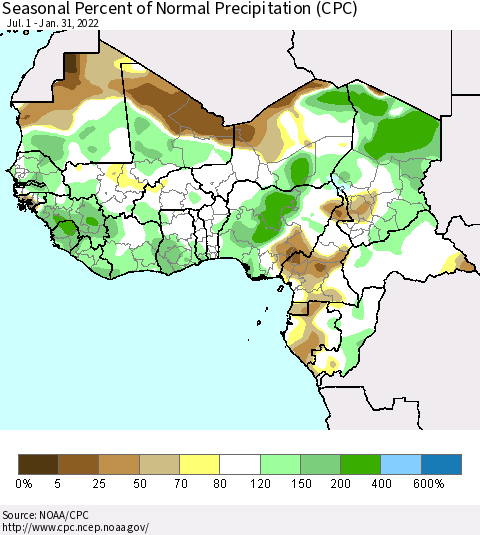 Western Africa Seasonal Percent of Normal Precipitation (CPC) Thematic Map For 7/1/2021 - 1/31/2022