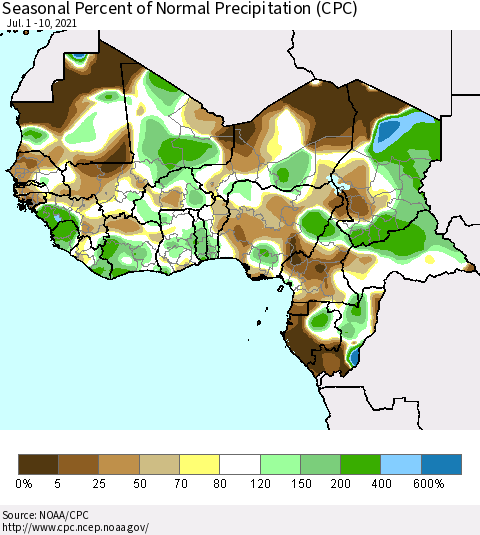 Western Africa Seasonal Percent of Normal Precipitation (CPC) Thematic Map For 7/1/2021 - 7/10/2021