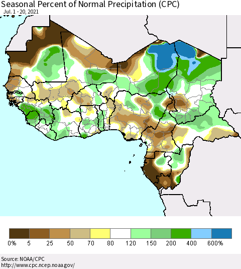 Western Africa Seasonal Percent of Normal Precipitation (CPC) Thematic Map For 7/1/2021 - 7/20/2021