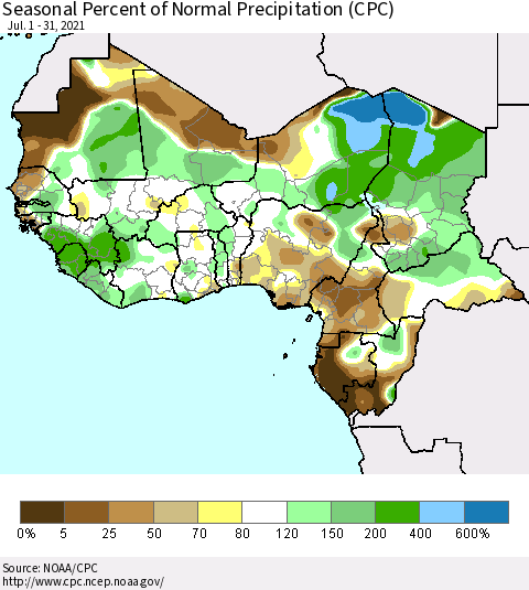 Western Africa Seasonal Percent of Normal Precipitation (CPC) Thematic Map For 7/1/2021 - 7/31/2021