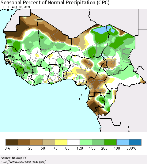 Western Africa Seasonal Percent of Normal Precipitation (CPC) Thematic Map For 7/1/2021 - 8/10/2021