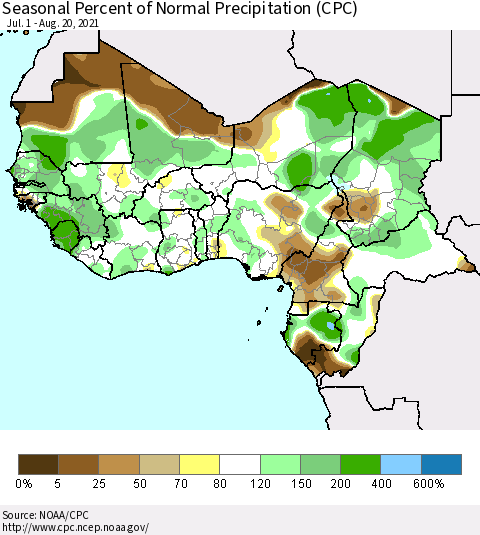 Western Africa Seasonal Percent of Normal Precipitation (CPC) Thematic Map For 7/1/2021 - 8/20/2021