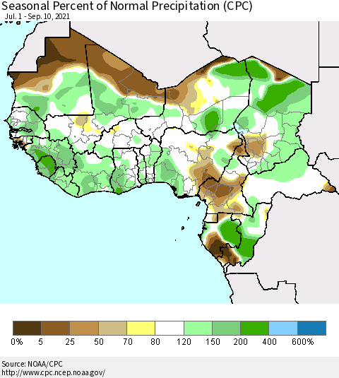 Western Africa Seasonal Percent of Normal Precipitation (CPC) Thematic Map For 7/1/2021 - 9/10/2021