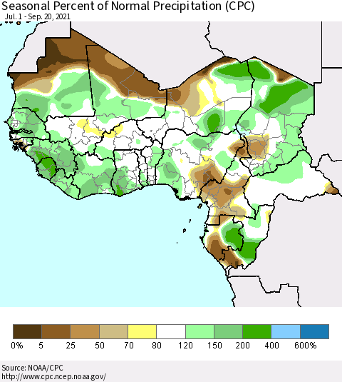 Western Africa Seasonal Percent of Normal Precipitation (CPC) Thematic Map For 7/1/2021 - 9/20/2021