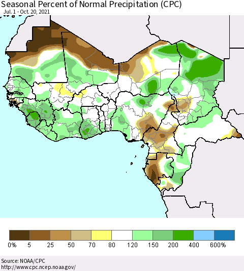 Western Africa Seasonal Percent of Normal Precipitation (CPC) Thematic Map For 7/1/2021 - 10/20/2021