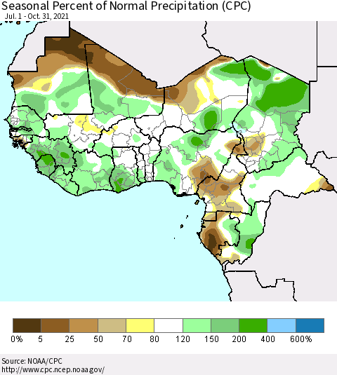 Western Africa Seasonal Percent of Normal Precipitation (CPC) Thematic Map For 7/1/2021 - 10/31/2021