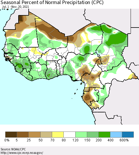Western Africa Seasonal Percent of Normal Precipitation (CPC) Thematic Map For 7/1/2021 - 11/20/2021