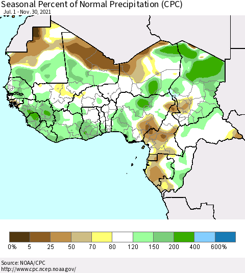 Western Africa Seasonal Percent of Normal Precipitation (CPC) Thematic Map For 7/1/2021 - 11/30/2021