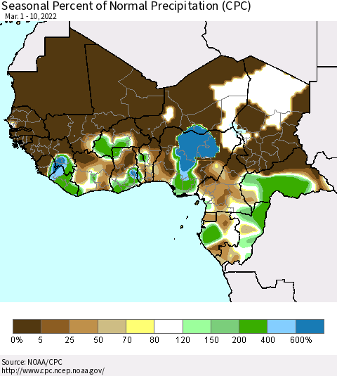 Western Africa Seasonal Percent of Normal Precipitation (CPC) Thematic Map For 3/1/2022 - 3/10/2022