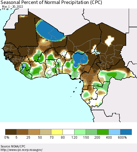 Western Africa Seasonal Percent of Normal Precipitation (CPC) Thematic Map For 3/1/2022 - 3/20/2022