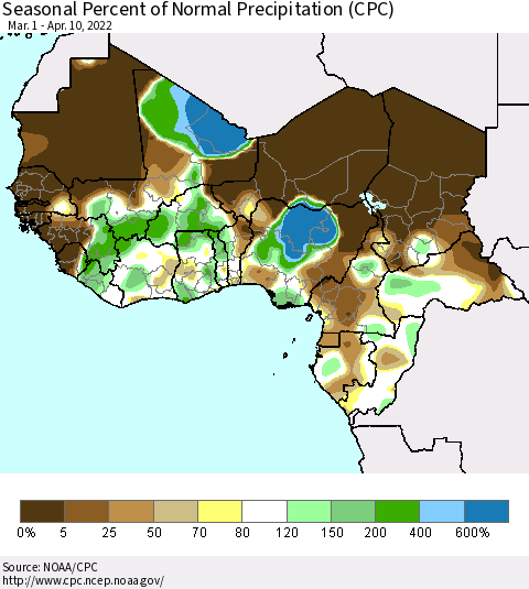 Western Africa Seasonal Percent of Normal Precipitation (CPC) Thematic Map For 3/1/2022 - 4/10/2022