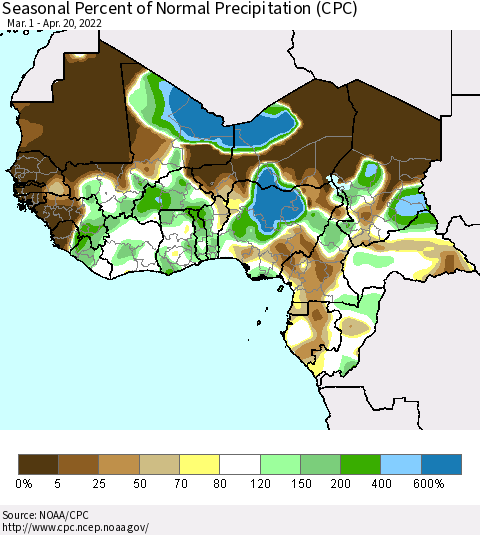 Western Africa Seasonal Percent of Normal Precipitation (CPC) Thematic Map For 3/1/2022 - 4/20/2022