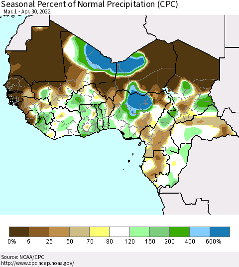 Western Africa Seasonal Percent of Normal Precipitation (CPC) Thematic Map For 3/1/2022 - 4/30/2022