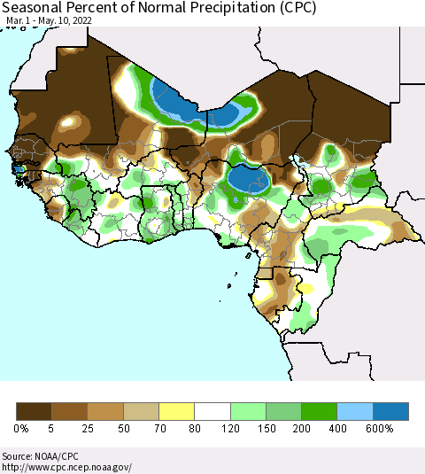 Western Africa Seasonal Percent of Normal Precipitation (CPC) Thematic Map For 3/1/2022 - 5/10/2022