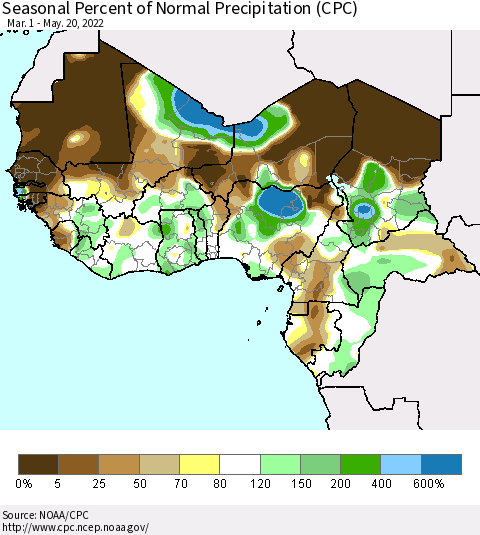 Western Africa Seasonal Percent of Normal Precipitation (CPC) Thematic Map For 3/1/2022 - 5/20/2022