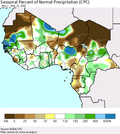 Western Africa Seasonal Percent of Normal Precipitation (CPC) Thematic Map For 3/1/2022 - 5/31/2022