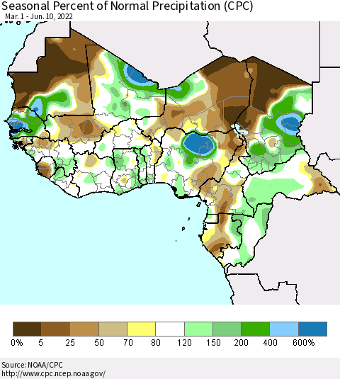 Western Africa Seasonal Percent of Normal Precipitation (CPC) Thematic Map For 3/1/2022 - 6/10/2022