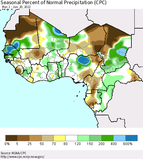Western Africa Seasonal Percent of Normal Precipitation (CPC) Thematic Map For 3/1/2022 - 6/20/2022
