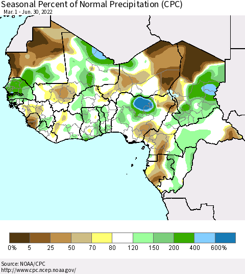 Western Africa Seasonal Percent of Normal Precipitation (CPC) Thematic Map For 3/1/2022 - 6/30/2022