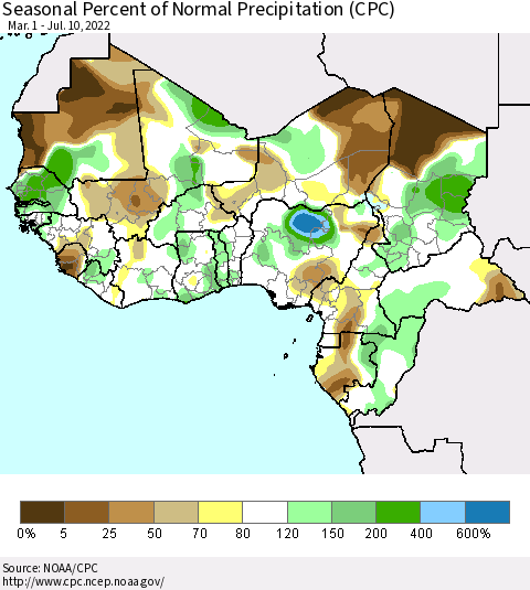 Western Africa Seasonal Percent of Normal Precipitation (CPC) Thematic Map For 3/1/2022 - 7/10/2022