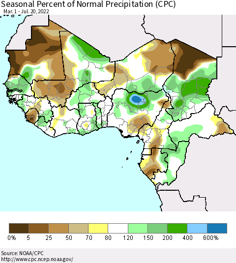 Western Africa Seasonal Percent of Normal Precipitation (CPC) Thematic Map For 3/1/2022 - 7/20/2022