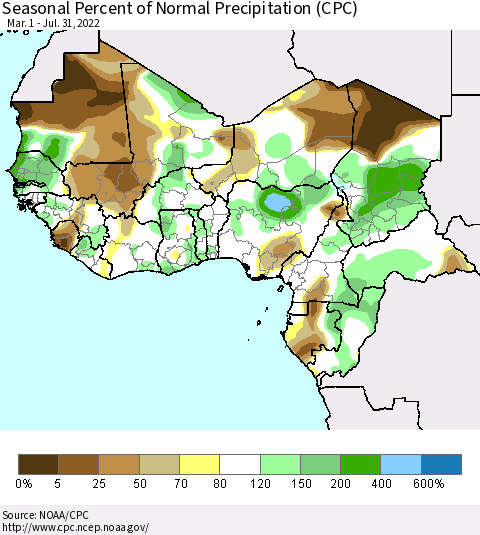 Western Africa Seasonal Percent of Normal Precipitation (CPC) Thematic Map For 3/1/2022 - 7/31/2022