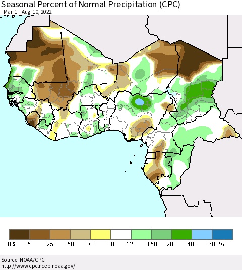 Western Africa Seasonal Percent of Normal Precipitation (CPC) Thematic Map For 3/1/2022 - 8/10/2022
