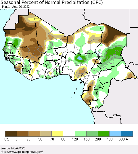 Western Africa Seasonal Percent of Normal Precipitation (CPC) Thematic Map For 3/1/2022 - 8/20/2022