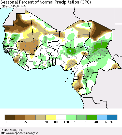 Western Africa Seasonal Percent of Normal Precipitation (CPC) Thematic Map For 3/1/2022 - 8/31/2022