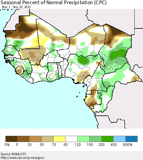 Western Africa Seasonal Percent of Normal Precipitation (CPC) Thematic Map For 3/1/2022 - 9/10/2022