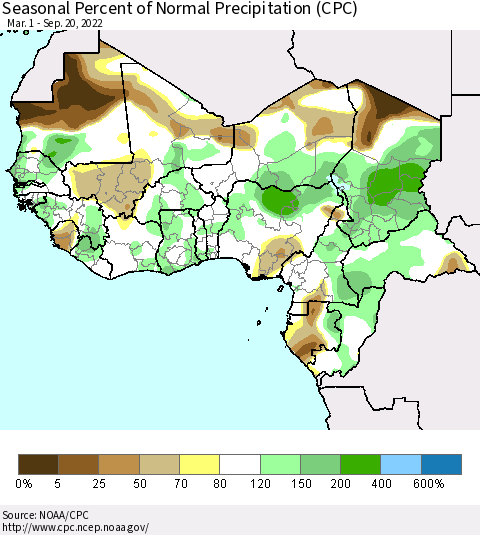 Western Africa Seasonal Percent of Normal Precipitation (CPC) Thematic Map For 3/1/2022 - 9/20/2022