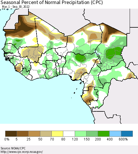 Western Africa Seasonal Percent of Normal Precipitation (CPC) Thematic Map For 3/1/2022 - 9/30/2022