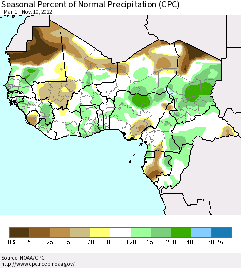 Western Africa Seasonal Percent of Normal Precipitation (CPC) Thematic Map For 3/1/2022 - 11/10/2022