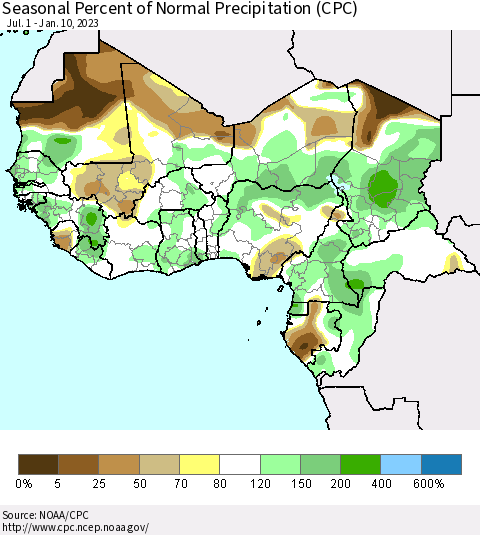 Western Africa Seasonal Percent of Normal Precipitation (CPC) Thematic Map For 7/1/2022 - 1/10/2023