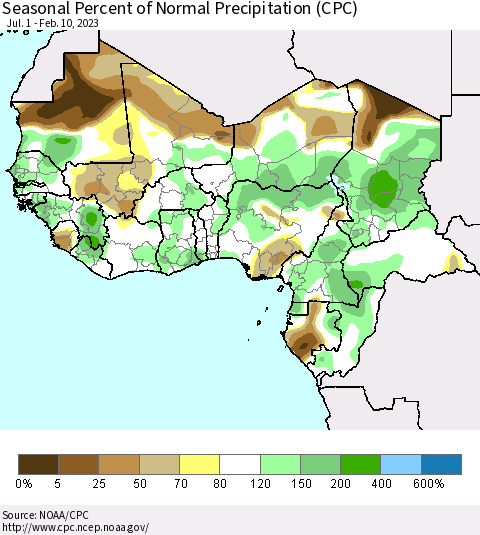 Western Africa Seasonal Percent of Normal Precipitation (CPC) Thematic Map For 7/1/2022 - 2/10/2023