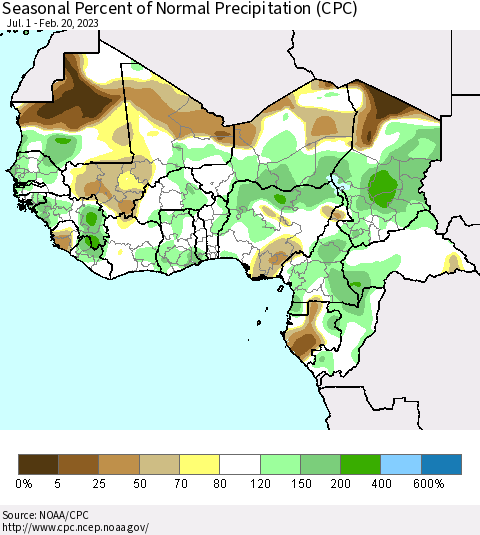 Western Africa Seasonal Percent of Normal Precipitation (CPC) Thematic Map For 7/1/2022 - 2/20/2023