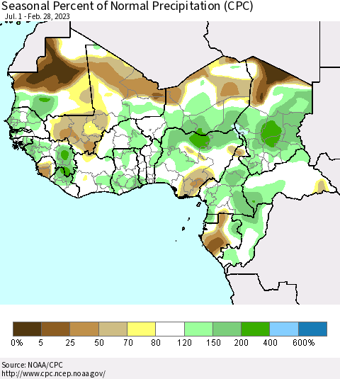 Western Africa Seasonal Percent of Normal Precipitation (CPC) Thematic Map For 7/1/2022 - 2/28/2023