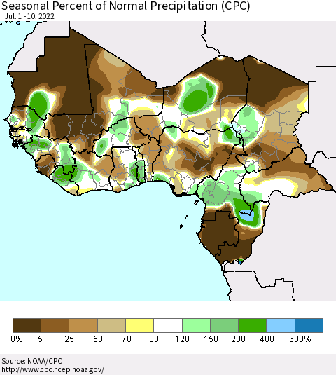 Western Africa Seasonal Percent of Normal Precipitation (CPC) Thematic Map For 7/1/2022 - 7/10/2022