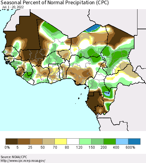 Western Africa Seasonal Percent of Normal Precipitation (CPC) Thematic Map For 7/1/2022 - 7/20/2022