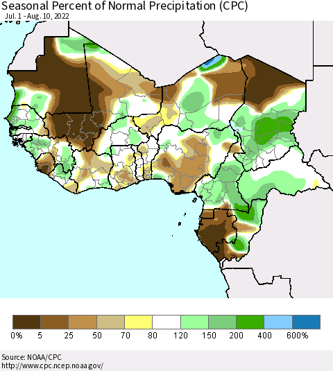 Western Africa Seasonal Percent of Normal Precipitation (CPC) Thematic Map For 7/1/2022 - 8/10/2022