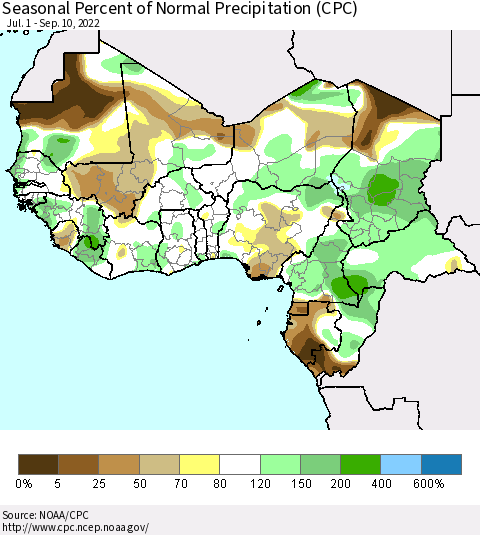 Western Africa Seasonal Percent of Normal Precipitation (CPC) Thematic Map For 7/1/2022 - 9/10/2022