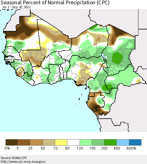 Western Africa Seasonal Percent of Normal Precipitation (CPC) Thematic Map For 7/1/2022 - 9/20/2022