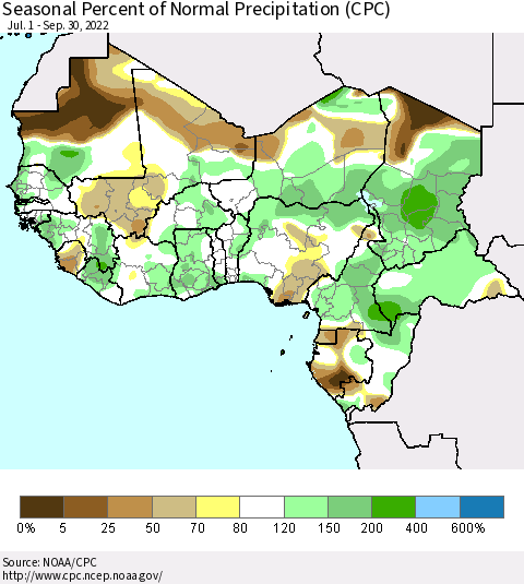 Western Africa Seasonal Percent of Normal Precipitation (CPC) Thematic Map For 7/1/2022 - 9/30/2022