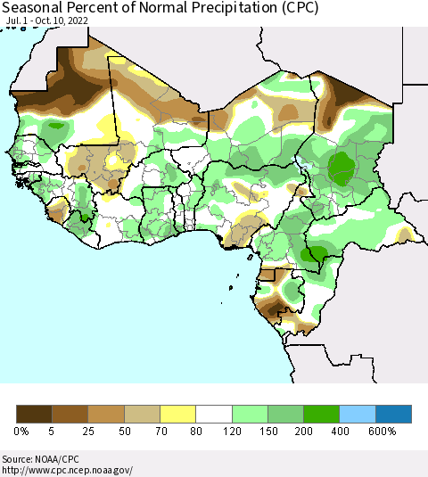 Western Africa Seasonal Percent of Normal Precipitation (CPC) Thematic Map For 7/1/2022 - 10/10/2022
