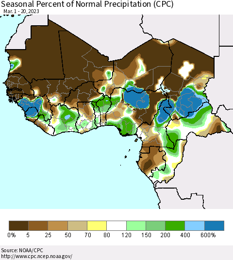 Western Africa Seasonal Percent of Normal Precipitation (CPC) Thematic Map For 3/1/2023 - 3/20/2023