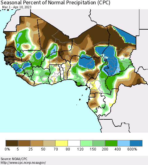 Western Africa Seasonal Percent of Normal Precipitation (CPC) Thematic Map For 3/1/2023 - 4/10/2023