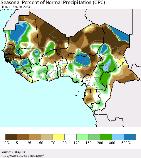 Western Africa Seasonal Percent of Normal Precipitation (CPC) Thematic Map For 3/1/2023 - 4/20/2023